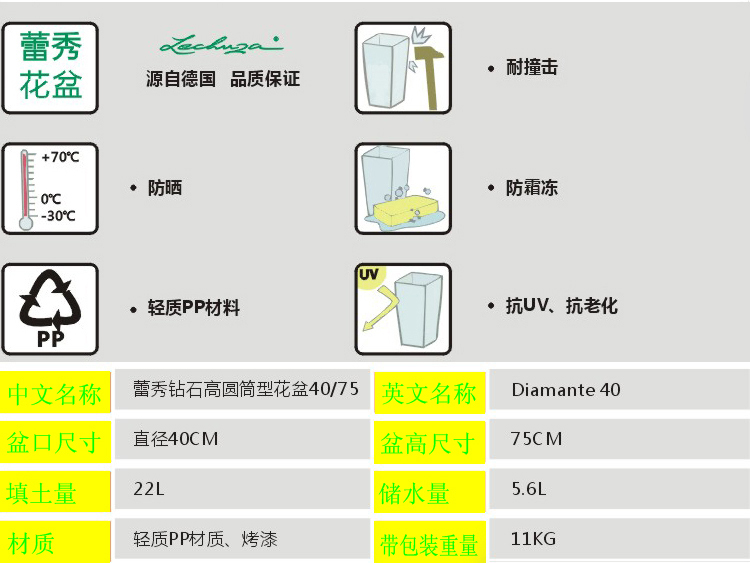 德国进口高档蕾秀花盆钻石面高圆筒型